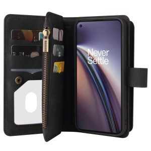 KT Multi-Functional Series-2 Multiple Card Slots Leather Flip Cover + Tpu Case Forplus Nord CE 5G Phone Stand Shell with Zipper Pocket-Black